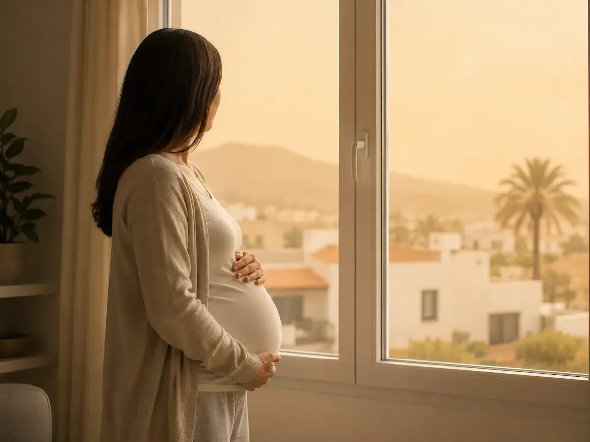 Los días de calima, mejor en interior con las ventanas cerradas y el inhalador de rescate a mano. Embarazada a salvo en el interior mira por la ventana cerrada un cielo con calima en un hogar canario.