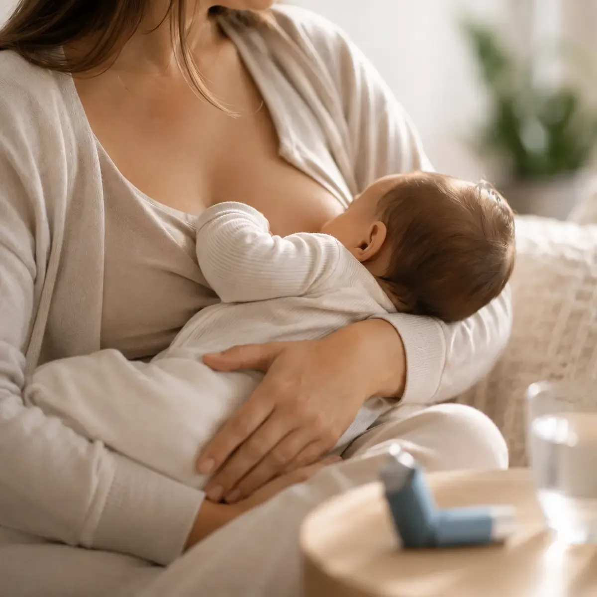 La lactancia es compatible con el tratamiento del asma: los inhaladores pasan a la leche en cantidades mínimas. Madre amamanta a su bebé en una habitación cálida, con un inhalador genérico cerca: el asma es compatible con la lactancia.