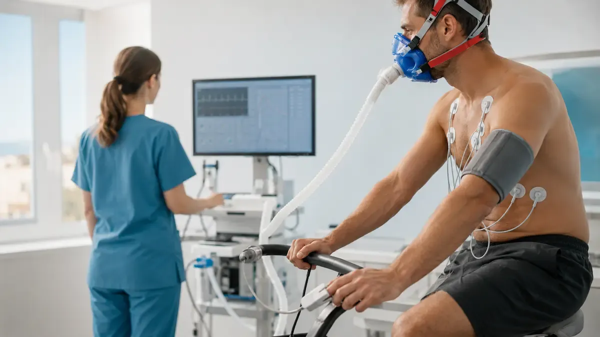 Paciente pedalea en cicloergómetro con mascarilla de análisis de gases durante una prueba de esfuerzo cardiopulmonar.