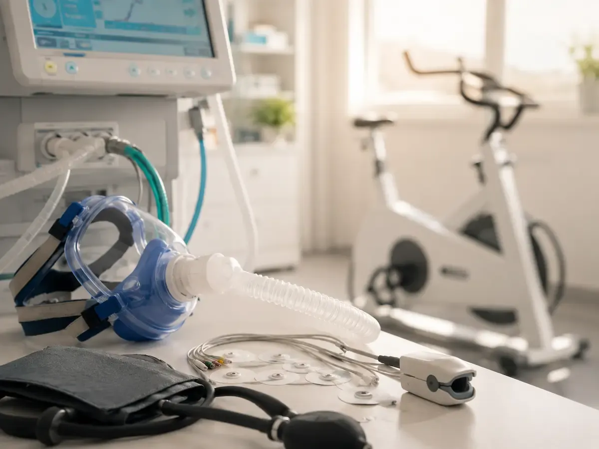 Material de una prueba de esfuerzo cardiopulmonar: mascarilla de gases, electrodos, pulsiox&iacute;metro y manguito de tensi&oacute;n.