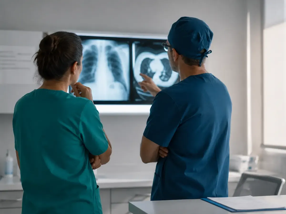 Dos profesionales revisan una imagen de t&oacute;rax durante la valoraci&oacute;n preoperatoria de una cirug&iacute;a de pulm&oacute;n.