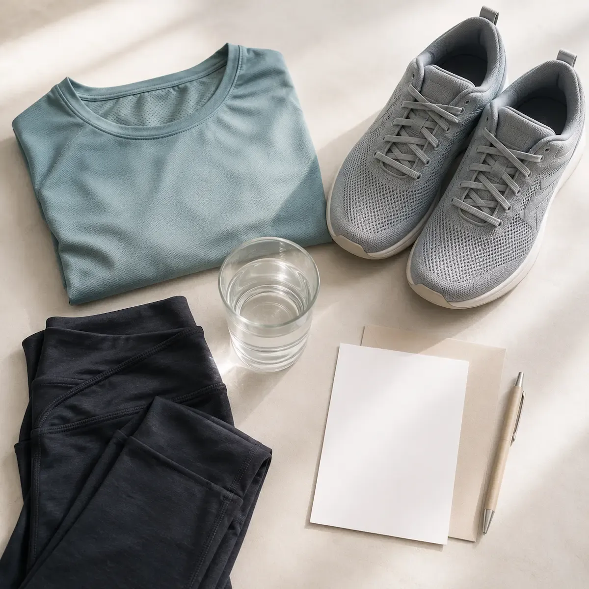 Calzado y ropa deportiva, un vaso de agua y la lista de medicaci&oacute;n, preparados para una prueba de esfuerzo cardiopulmonar.