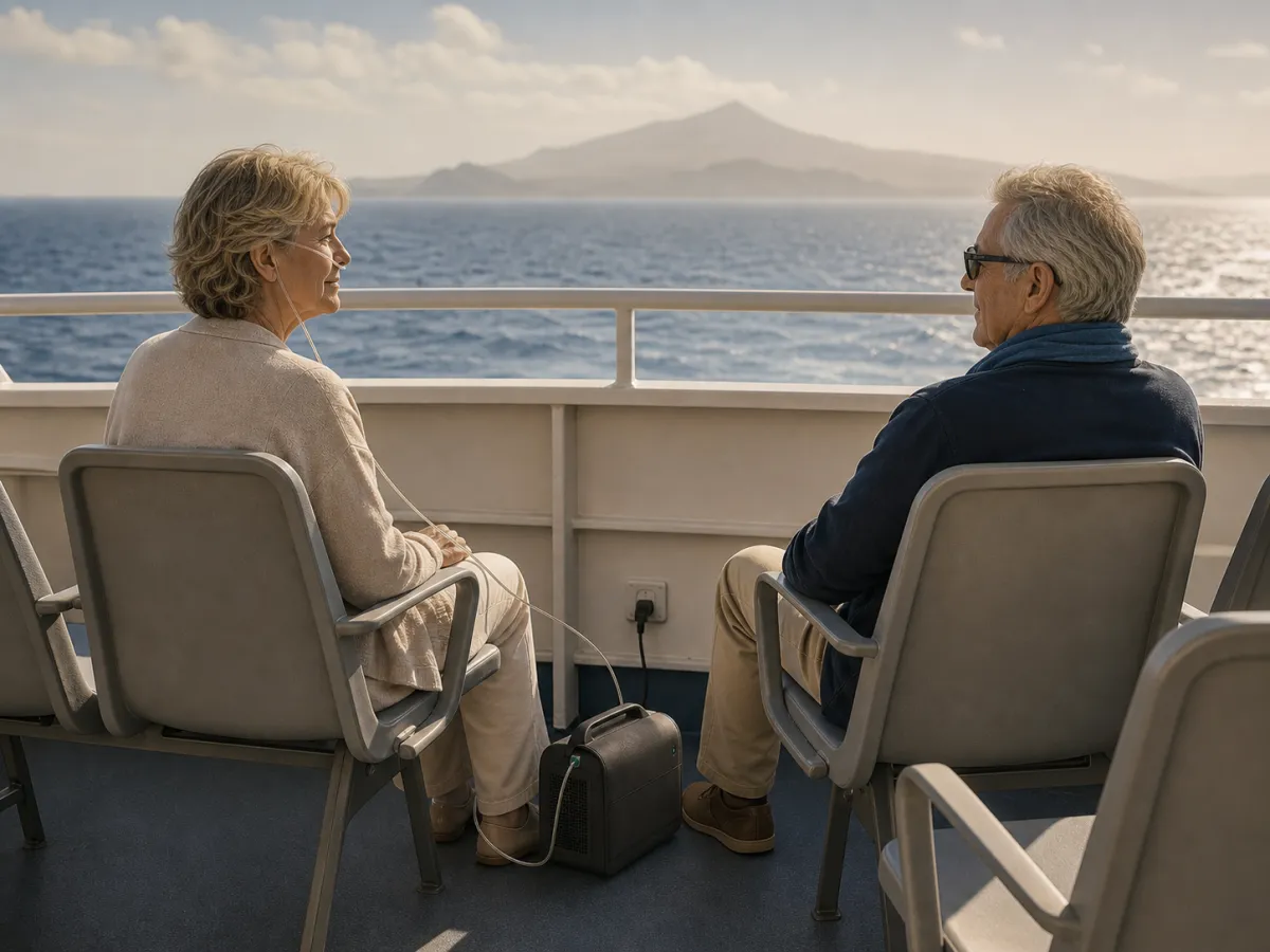 Pareja viaja en ferry interinsular en Canarias con un concentrador de oxigeno portatil enchufado a una toma de a bordo.