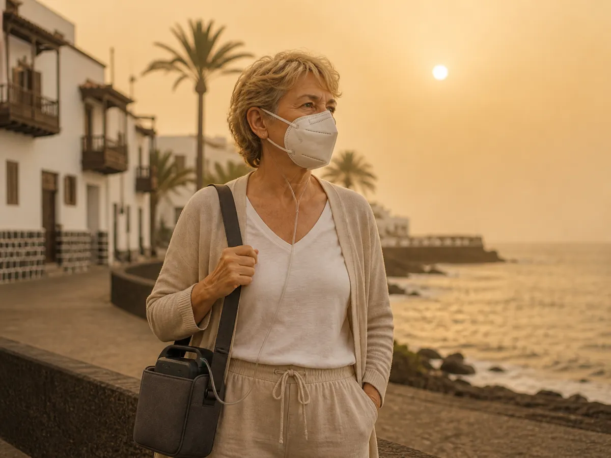 Mujer con mascarilla FFP2 y concentrador de oxigeno port&aacute;til en un paseo canario durante un episodio de calima.
