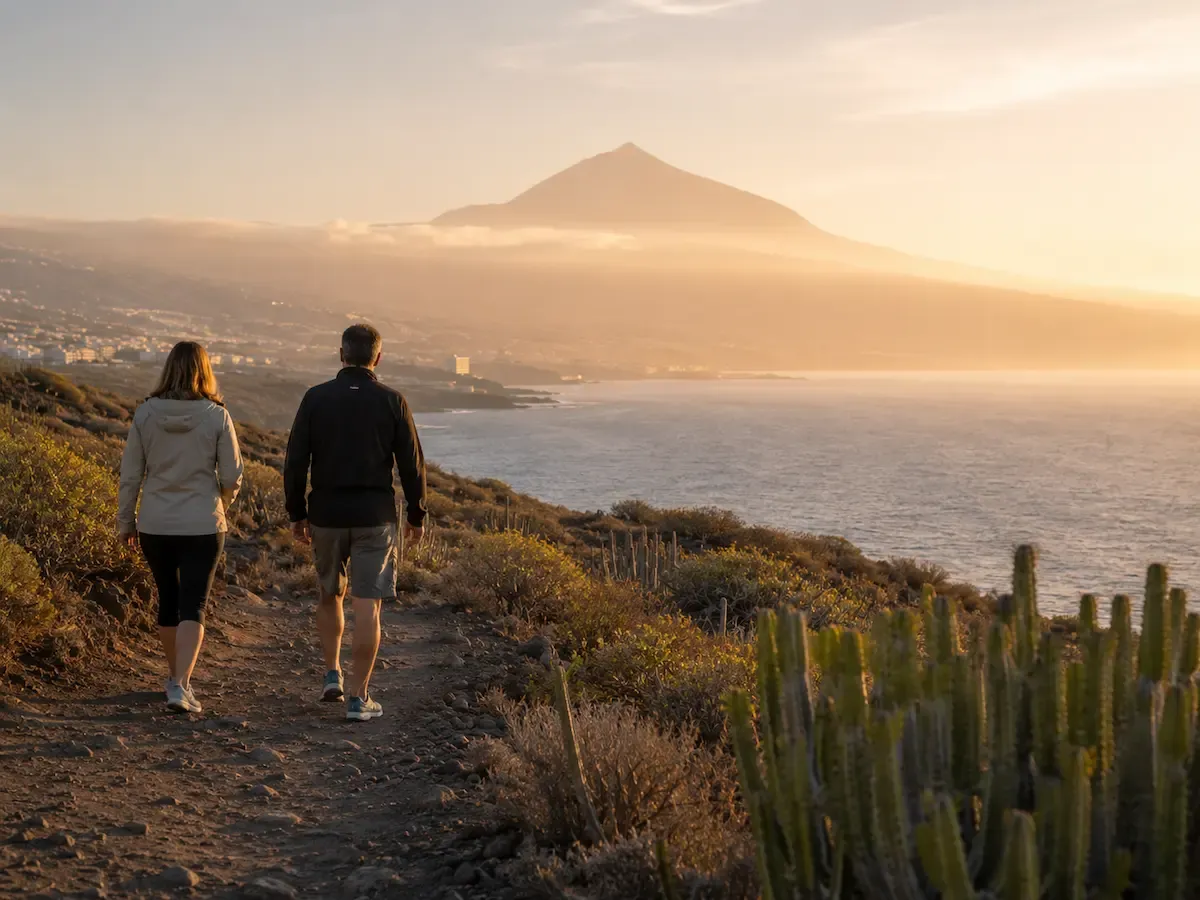 En Canarias, empezar por rutas costeras y de media montaña; la altitud del Teide se valora individualmente con el neumólogo. Dos personas caminan por un sendero costero canario al atardecer, con el Teide al fondo entre calima suave.